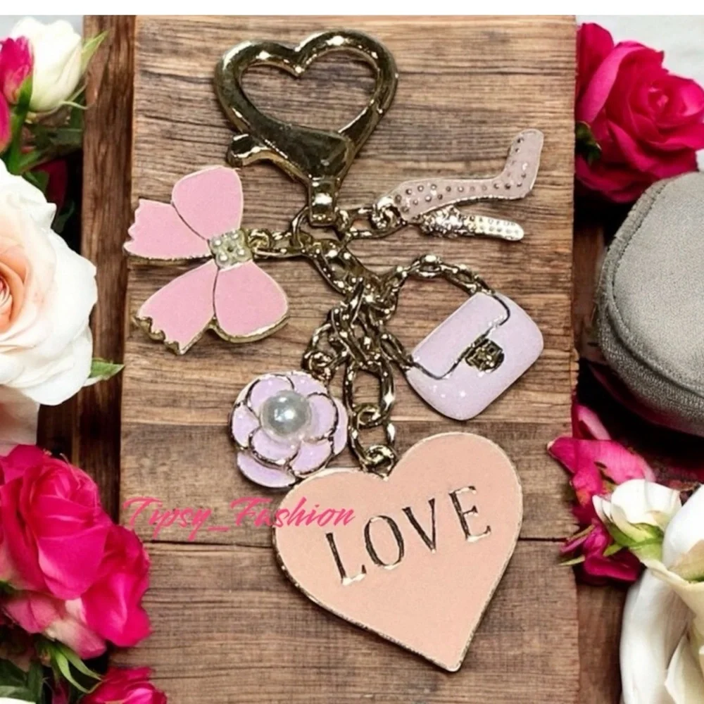 Bag Charm Keychain Pink Heart Love Bow Flower Handbag Accessory Purse